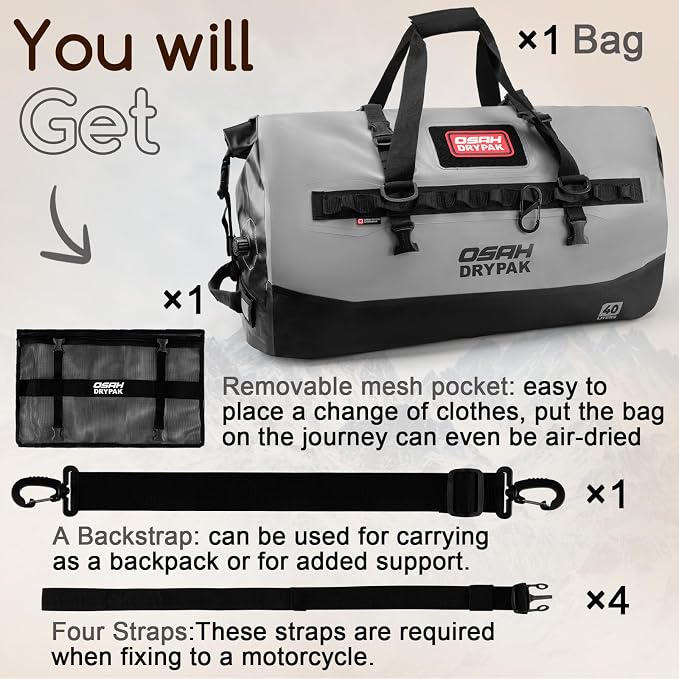 OSAH DRYPAK Waterproof Duffel Bag 25L/40L/60L – Heavy-Duty Motorcycle Tail Bag, Roll-Top Dry Bag for Travel, Camping, Boating, Kayaking, Outdoor Adventure - Image 8