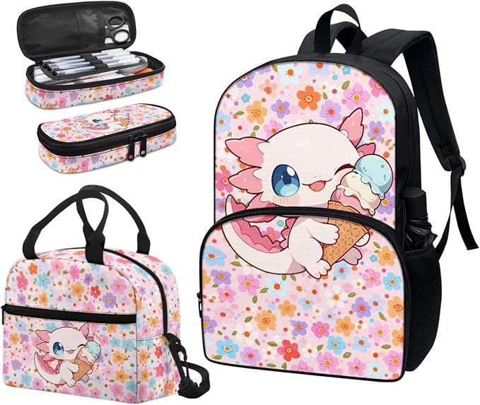 Axolotl Ice Cream Girls Backpack Set, Kids Backpacks with Lunch Bag & Pencil Case, Girls Bookbag School Bag for Elementary School - Image 6