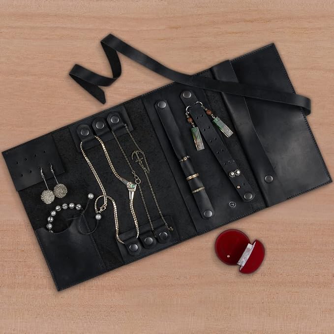 Jewelry Leather Organizer. Mothers Day Leather Organizer. Jewelry Roll. Jewelry Holder. Travel Jewelry Case. Birthday, ChristmasGift. (Black) - Image 6