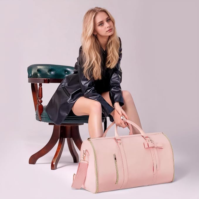 Garment Bags for Travel, Convertible Suit Travel Bag for Women, Stylish Carry On Garment Bag with Toiletry Pocket, Shoulder Strap and Shoes Compartment, 2 in 1 Foldable PU Leather Duffle Bag, Pink - Image 8