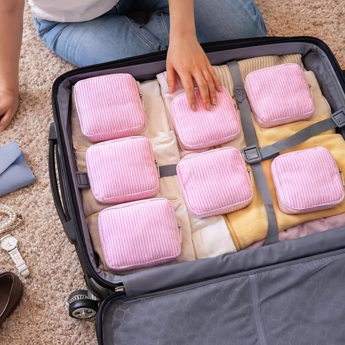 Giesiery 8 Pcs Seersucker Makeup Bags Striped Cosmetic Bags Bulk Organizer for Women Preppy Travel Toiletry Pouch for Wedding Bridesmaid Gifts (Pink, Mini) - Image 7