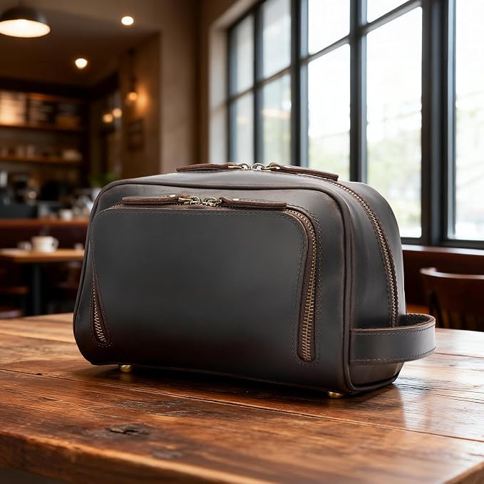 Polare Vintage Full Grain Leather Handmade Travel Toiletry Bag for Men - Dopp Kit - Shaving Kit with YKK Metal Zippers A-Dark Brown - Image 8