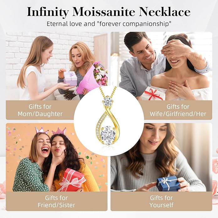 1.5CT Moissanite Infinity Pendant Necklace Anniversary Wedding Gifts for Women Wife Her S925 Sterling Silver 18K White Gold/Gold Filled Jewelry for Birthday Mothers Christmas Valentines Day