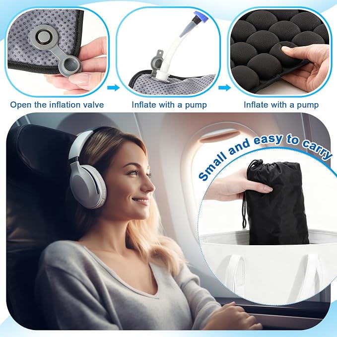 2 Pack Inflatable Travel Seat Cushion with Air Pump Storage Bags 64 Bubbles Upgrade Ergonomic Pressure Relief Airplane Seat Cushion for Long Flights Office Car Portable Lightweight Comfort Cushions - Image 6