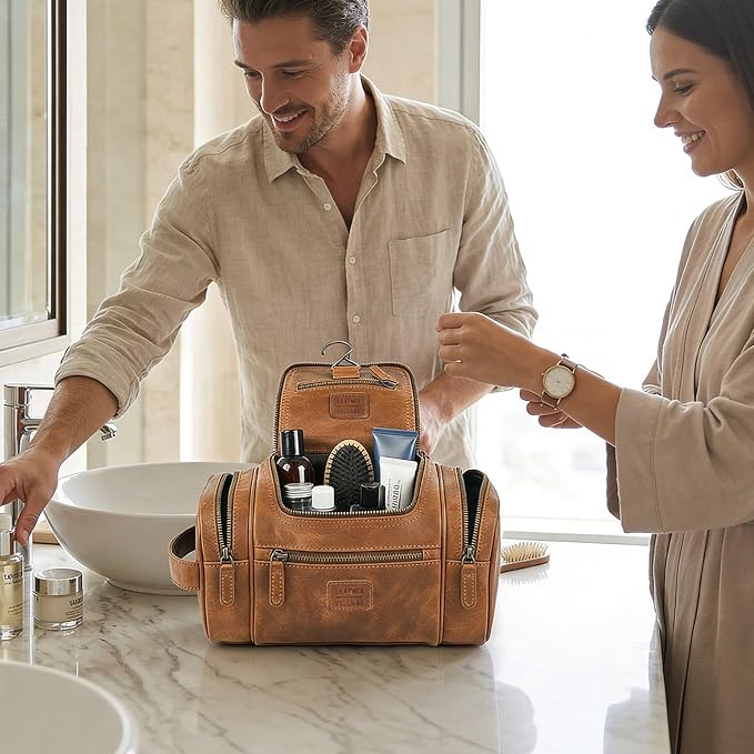LEATHER VILLAGE Genuine Leather Travel Dopp Kit for Men & Women – Water-Resistant Large-Capacity Hanging Toiletry Bag for Travel, Grooming, Bathroom Organization, Shaving Essentials & Gym Use - Tan - Image 8