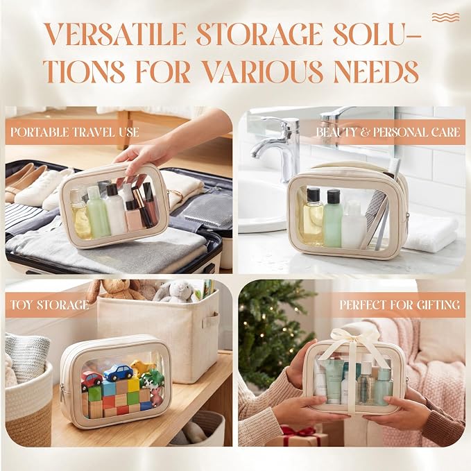 Abbylike 10 Pcs Clear Makeup Bags Bulk Tsa Approved Clear Toiletry Bags with Zipper PU Leather Waterproof Travel Makeup Organizer for Women Wedding Bridal DIY Gifts Bachelorette Party (Beige) - Image 7