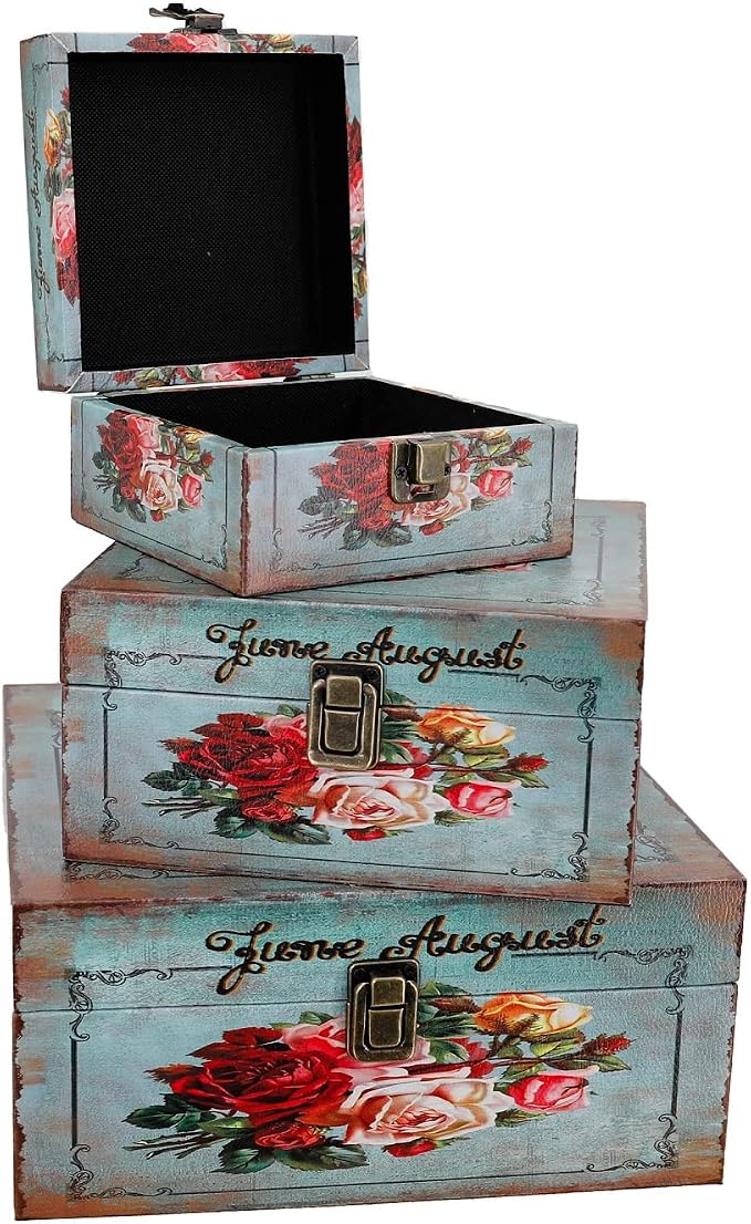 Jolitac Wood Storage Box Set of 3, Vintage Decorative Nesting Boxes Wooden Treasure Storage Crates With Latch, Home Decor Rustic Antique Boxes With Lid for Photos, Jewelry, Cash (Bloom) - Image 9