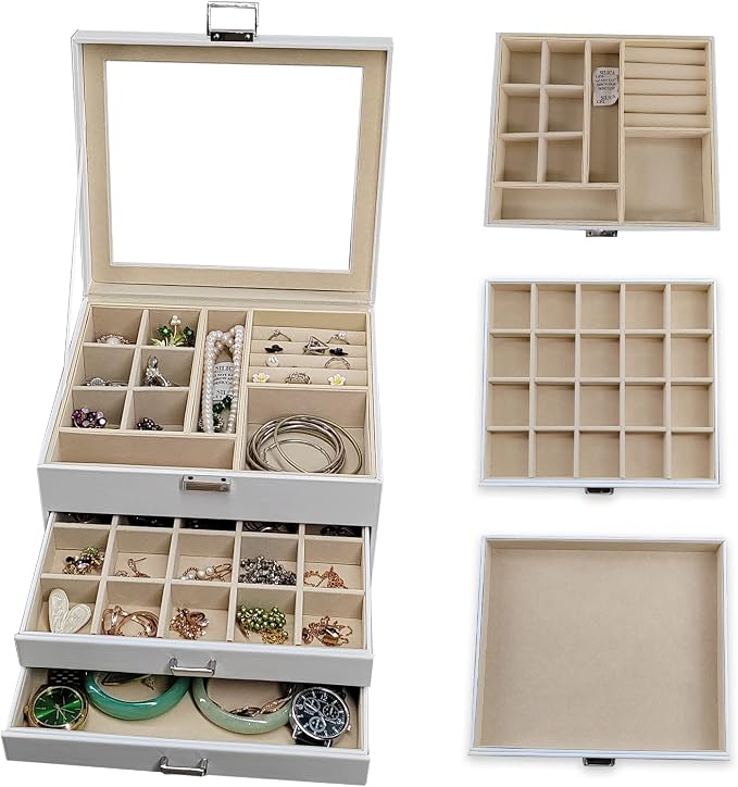BOOVO Clear Lid Jewelry Box,3 Layers Jewelry Organizer Large Jewelry Storage Box with 2 Drawers,Jewelry Holder Organzier of Rings Earrings Necklace Bracelets for Women (White, 3 Layer) - Image 8