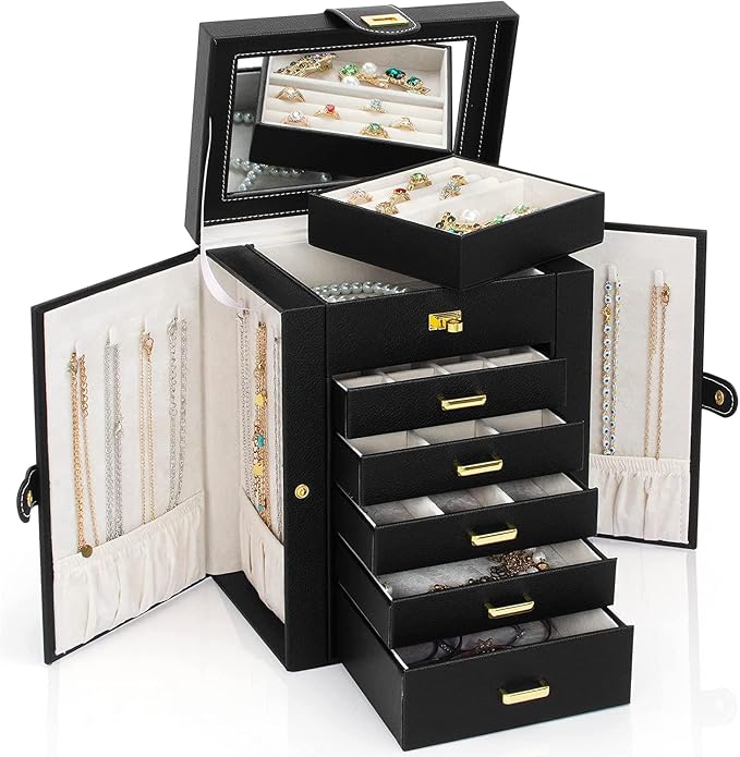 AKOZLIN 6-Tier Jewelry Box Organizer Functional 5 Drawers Leather Jewelry Storage Case for Women Girls Ring Necklace Earring Bracelet Holder Organizer with Mirror Black Regular - Image 8