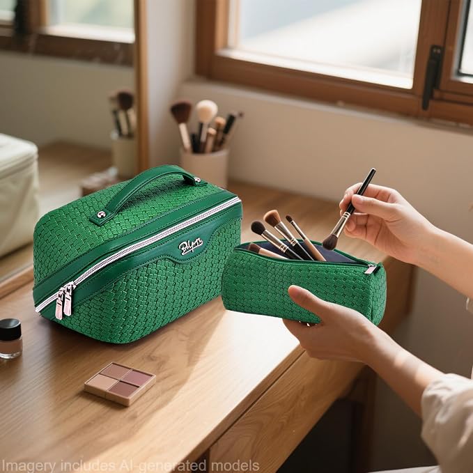 BOYATU Travel Makeup Bag Cosmetic Bags for Women: Large Capacity 3 Pcs Set Make up Bag with Compartments - Waterproof Vegan Leather Toiletry Organizer Bags with Handle (L38 Green) - Image 7