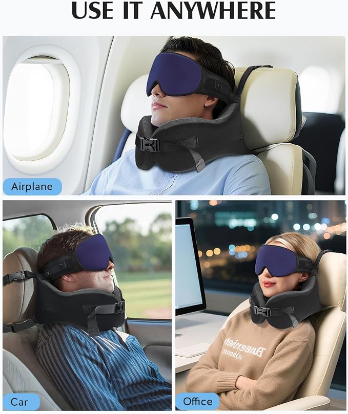 YFONG Travel Pillow for Long Flight Airplanes, Head Strap Combo with 3D Contoured Eye Mask for Sleep, Neck Pillow for Car Trip Essential, 360° Support Memory Foam Headrest, Prevent Bobbing, Blue - Image 9