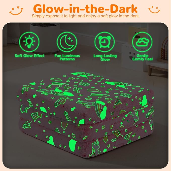 MeMoreCool Glow Unicorn Kids Foldable Floor Mattress, 57x22 Inch Pink | Glow pink unicorn trifold mattress for girls room, playroom, reading nook - Image 7