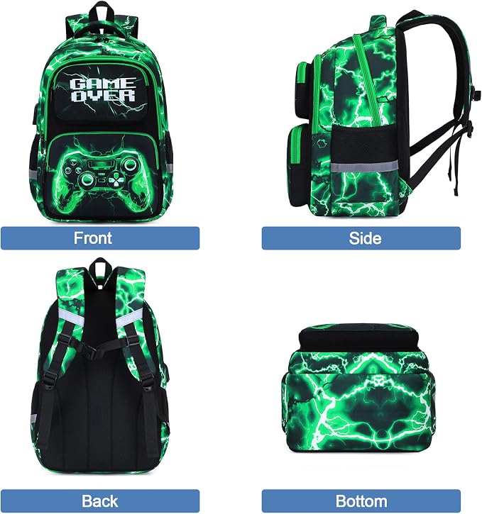 Bevalsa Backpack for Boys, School Bags for Kids, Bookbag for Boys Children Teens Backpacks for Elementary Middle High School Student, Bookbag Set with Lunch Bag & Pencil Case (Green Lightning) - Image 7