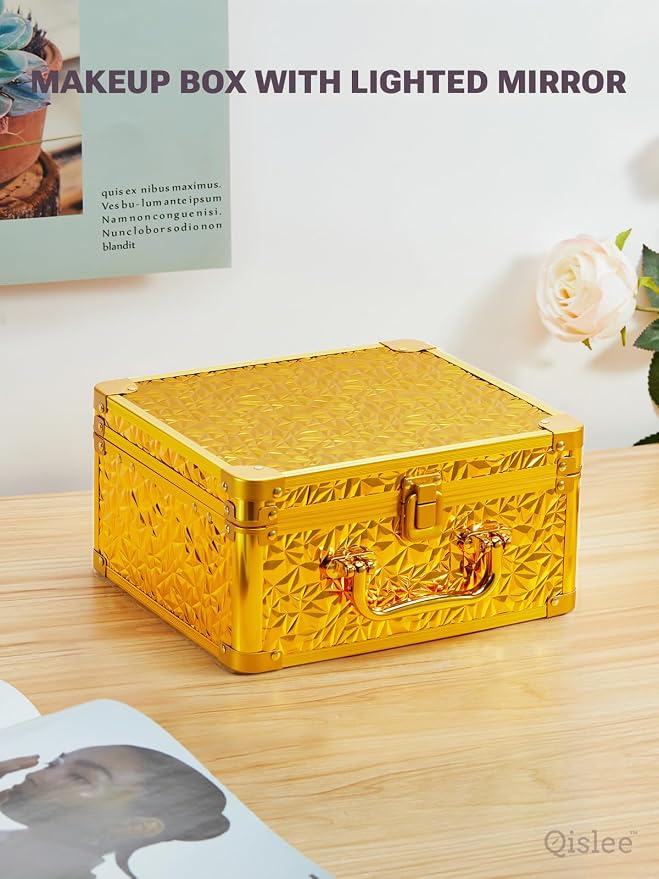 Qislee Makeup Box with Detachable Magnetic LED Mirror, Travel Train Case | Makeup Organizer, Cosmetic Travel Bag for Women, Adjustable Dividers, Brush Slots, Skincare Storage, Portable, Bling Gold - Image 6