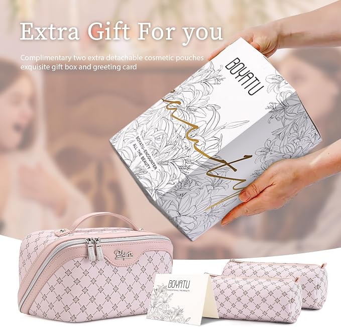 BOYATU Travel Makeup Bag Cosmetic Bags for Women: 3 Pcs Set Large Capacity Make up Bag with Handle - Vegan Leather Toiletry Bags with Compartments - Makeup Organizer for Travel Essentials(A-3-Pink) - Image 6