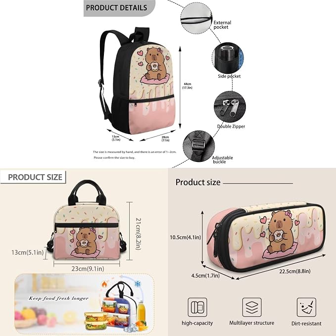 Capybara Ice Cream Girls Backpack Kids Cute School Bookbags with Lunch Box and Pencil Case for Primary Elementary Casual Daypack Set of 3 - Image 7