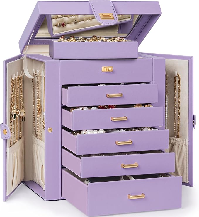 AKOZLIN 6-Tier Jewelry Box Organizer Functional 5 Drawers Leather Jewelry Storage Case for Women Girls Ring Necklace Earring Bracelet Holder Organizer with Mirror Medium Violet - Image 7