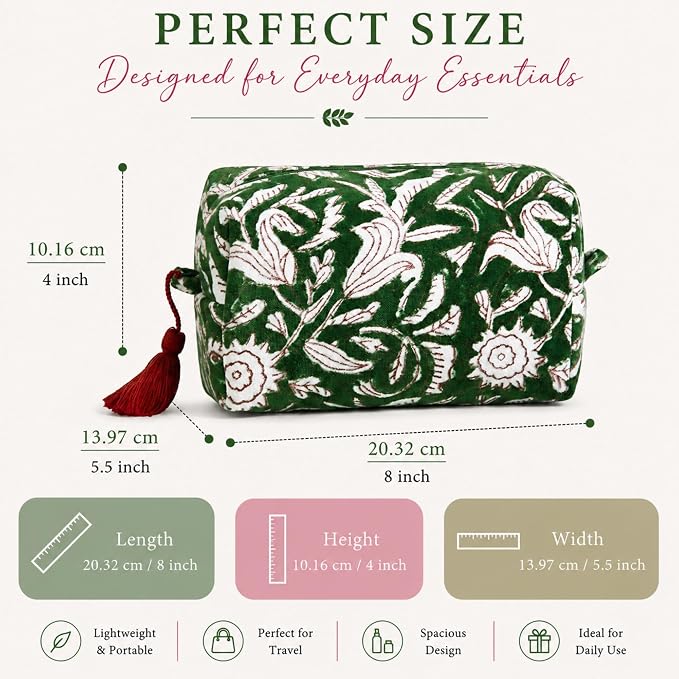 Huar Travel Makeup Bag- Large Capacity Cosmetic Bags for Women - Water Resistance Lining Portable Pouch & Open Toiletry Bag - Perfect Girls Makeup Organizer for Travel Essentials (Velvet Green Lotus) - Image 6