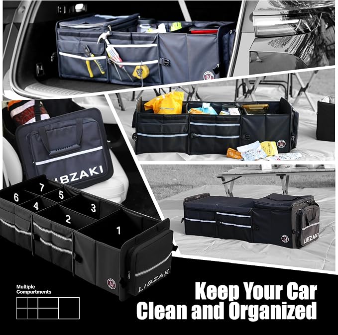 LIBZAKI Oversize 4 in 1 Car Trunk Storage Organizer, Multi Compartment Collapsible Trunk Storage Box with Cooler Bag for Car Truck SUV-Black - Image 7