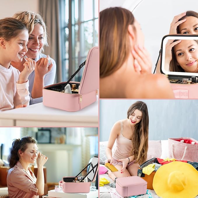 Extrei Gent Makeup Travel Train Case with Mirror LED Light 3 Adjustable Brightness Large Cosmetic Bag Portable Storage Adjustable Partition Waterproof Makeup Brushes Make up Jewelry Gift for Women - Image 6