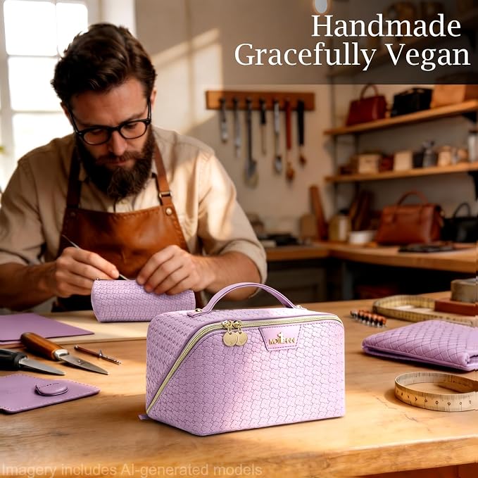 Travel Makeup Bag for Women: Designer 3 Pcs Set Cosmetic Bags for Women - Large Capacity Vagen Leather Hand-made for Toiletry Organizer - Ladies Travel Flat Open Essentials for Luxury (06Purple) - Image 8