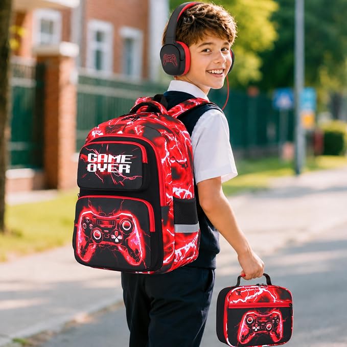 Bevalsa Backpack for Boys, School Bags for Kids with 3.5mm Jack Wired Headphones, Lunch Box & Pencil Case, Gamer Backpack for Kids Children Teens for Elementary Middle School Student (Red Lightning) - Image 8