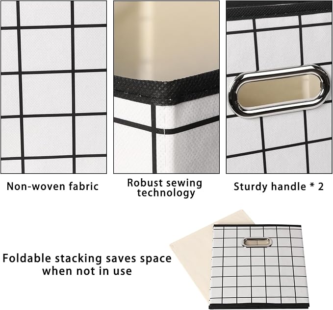 Fabric Cloth Storage Bins,Fabric Cube Organizer with Dual Handles Foldable Cube Storage Baskets for Home Bedroom Storage,Set of 6,(White grid) - Image 7