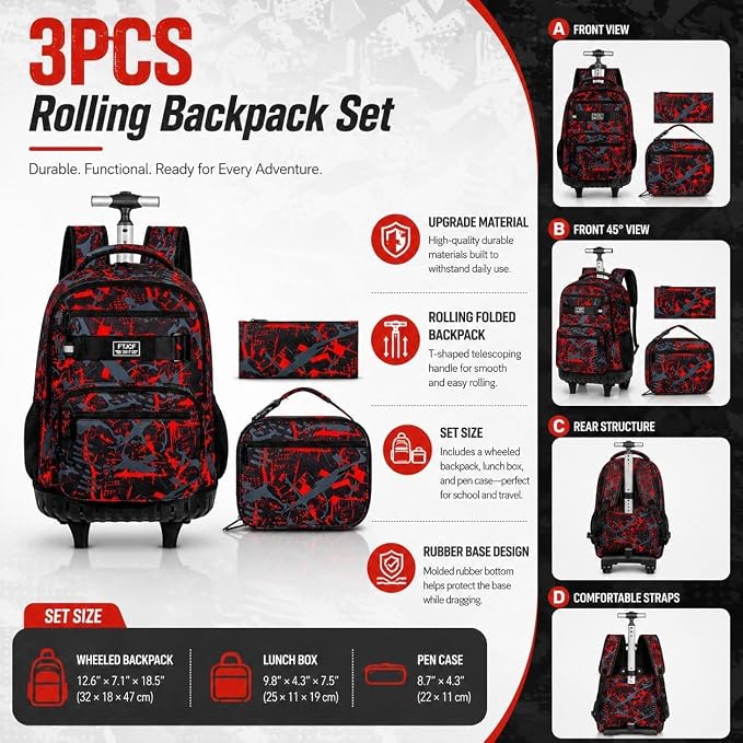 3Pcs Rolling Backpack for Boys, 19 Inche Adults Roller Bag with Wheels, Graffiti Wheeled Bookbag Set for Men(Red) - Image 8