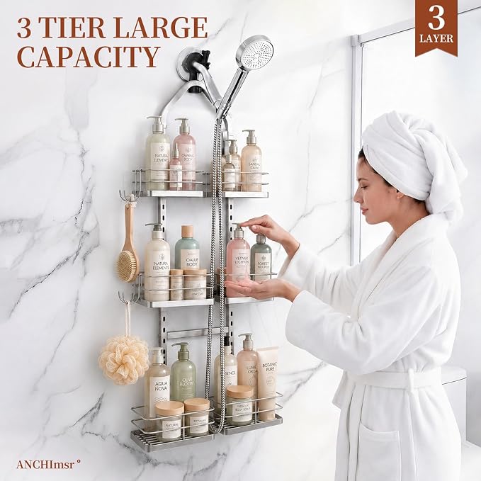 3-Tier Adjustable Hanging Shower Caddy for Handheld Showerhead, Silver | Rustproof Shower Rack Baskets, Anti-Swing Hanging Shower Organizer for Bathroom Storage with 2 S-Hooks, Large Capacity - Image 9