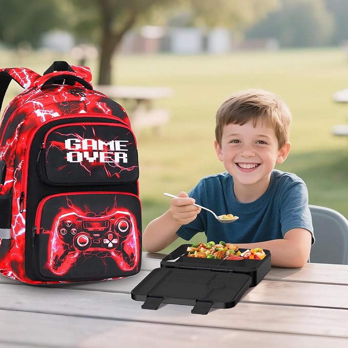 Bevalsa Kids Backpack for Boys with Bento Lunch Box, Insulated Bag & Utensils, 43oz Lunch Containers, Gamer Backpack School Bags for Elementary Middle School Student (Red Lightning) - Image 8