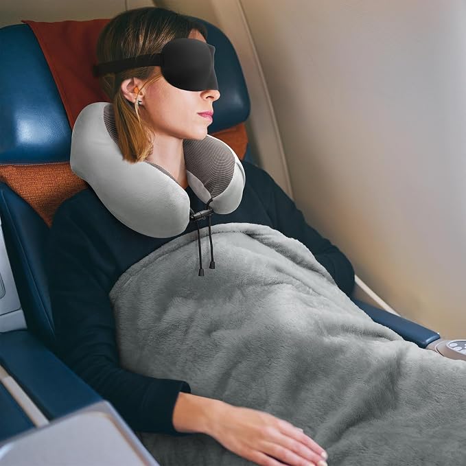 urnexttour Travel Pillow and Blanket Set Neck Pillows Travel Essentials with Sleep Mask for Airplane Car Memory Foam Grey - Image 8