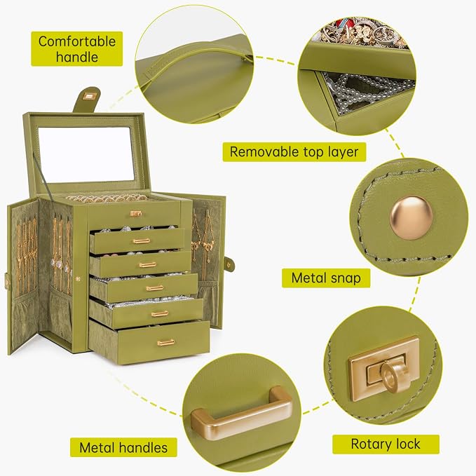AKOZLIN 6-Tier Jewelry Box Organizer Functional 5 Drawers Leather Jewelry Storage Case for Women Girls Ring Necklace Earring Bracelet Holder Organizer with Mirror Medium Green - Image 7
