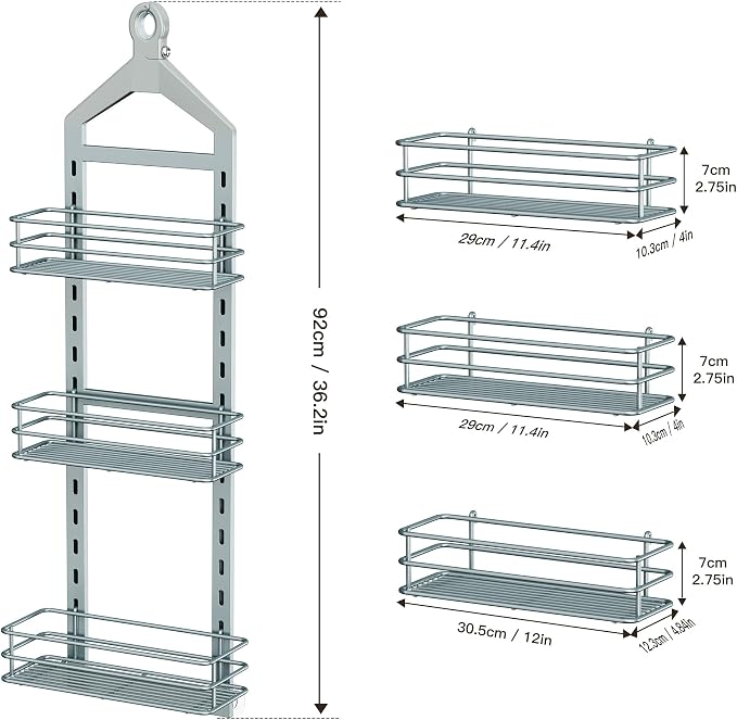 Orimade Adjustable Anti-slip Shower Caddy Overhead, Rustproof Hanging Shower Organizer With 2 Razor Hooks - No Drilling, 3-Tier Shelves, Silver Grey - Image 8