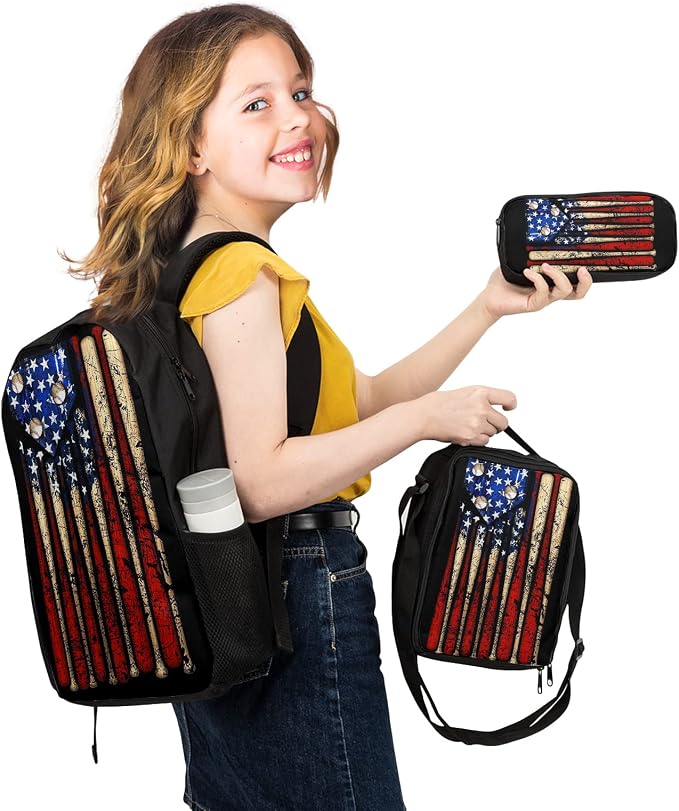 Giwawa American Flag Baseball School Backpack Set Lightweight Teen Girls Women Kids School Bags College Bookbag with Lunch Bag - Image 7