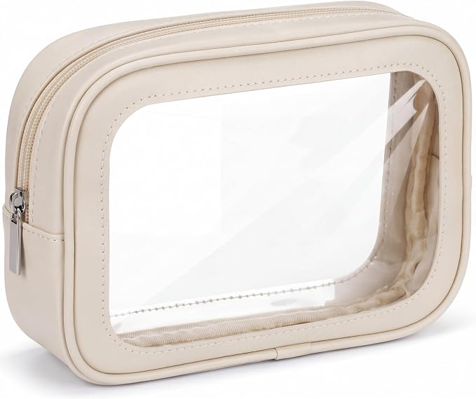 Abbylike 1 Pcs Clear Makeup Bags Bulk Tsa Approved Clear Toiletry Bags with Zipper PU Leather Waterproof Travel Makeup Organizer for Women Wedding Bridal DIY Gifts Bachelorette Party (Beige) by Abbylike