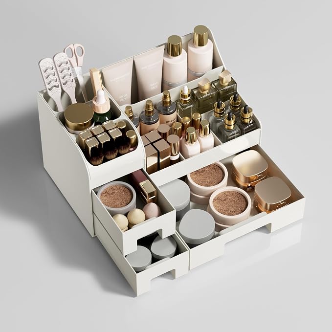 Makeup Organizer with Drawers,Large Cosmetic Storage Box,Countertop Skincare Organizer,ABS Makeup Brush Holder for Bathroom,Desk,Dresser,Multifunctional Beauty Display Case,White transparent - Image 6