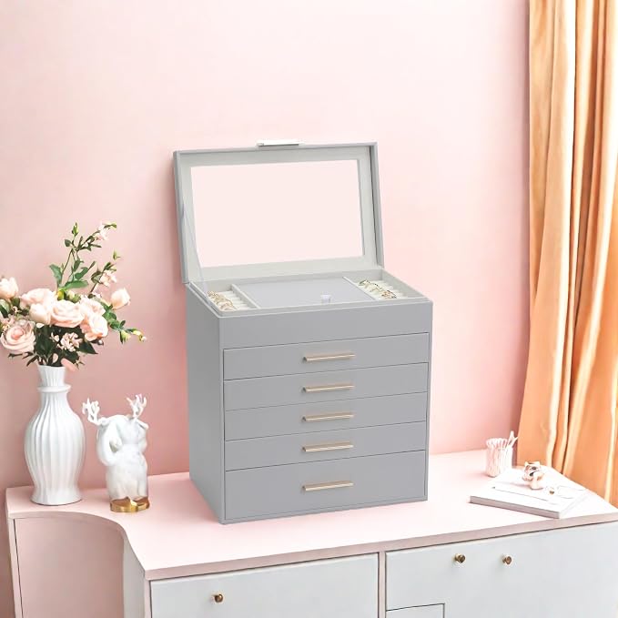 BOOVO Jewelry Boxes for Women, White and Black 6 Layer Large Jewelry Box for Necklace, Bracelet, Earrings, Rings Storage, Jewelry holder Organizer for Girls Gift (Grey, 6 layer) - Image 7