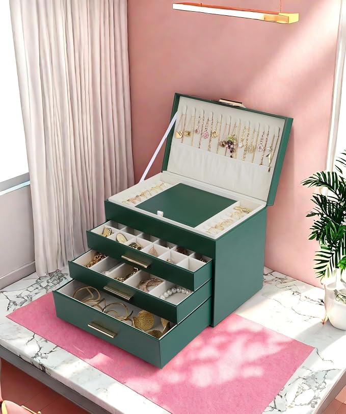 BOOVO Jewelry Boxes for Women, White and Black 6 Layer Large Jewelry Box for Necklace, Bracelet, Earrings, Rings Storage, Jewelry holder Organizer for Girls Gift (Green, 5 Layer) - Image 7