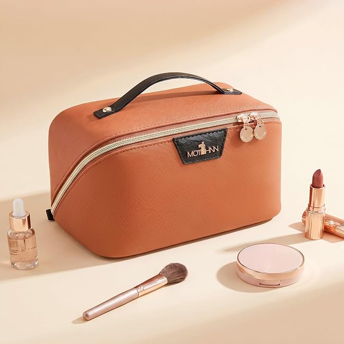 Travel Makeup Bag for Women: 3-in-1 Large Capacity Cosmetics Organizer with 2 Detachable Pouch - Vegan Leather Flat Open Toiletry Bag - Travel Essentials for Full-Sized Bottles(Orange) - Image 9