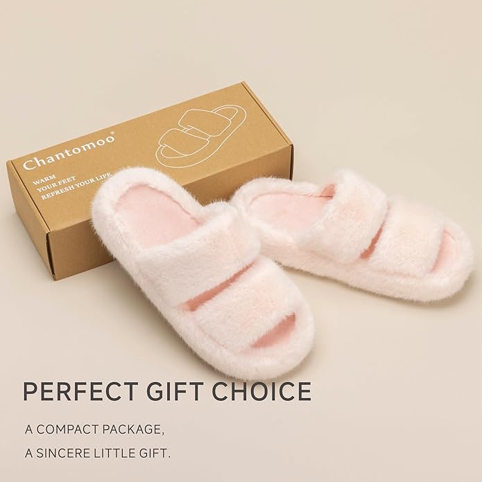 Chantomoo Women's Memory Foam Fuzzy Comfy Faux Fur House Shoes - Furry Bedroom Indoor Open Toe Slippers with Two Bands - Trendy Gift Slippers