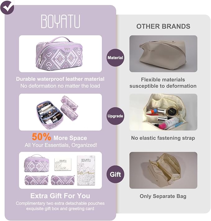 BOYATU Travel Makeup Bag Organizer: Boho Large Capacity Cosmetic Bag Sets | 3Pcs Waterproof Leather Toiletry Bags | 180°Open Flat Make up Case with Compartments | Western Travel Essentials for Women - Image 7
