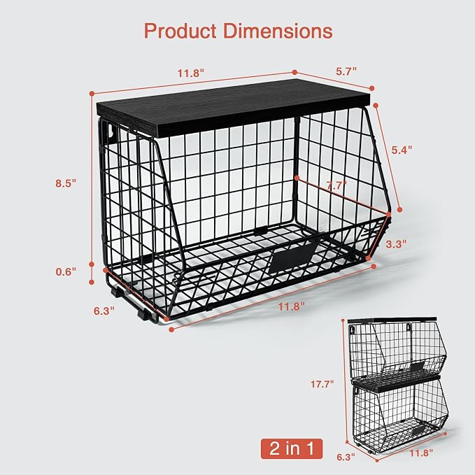 Goozii Black Kitchen Wall Hanging Storage Basket Set of 2, Rustic Stackable Kitchen Counter Fruit Organizer, Wire Baskets Container for Veggie, Garlic, Produce, Onion and Potato (Black Shelf) - Image 7