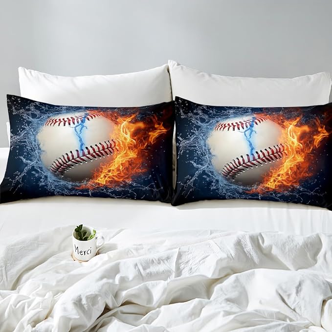 Baseball Duvet Cover King Size Sports Theme Bedding Set Kids Teens Boys Fire and Ice Sports Baseball Comforter Cover with Zipper,Decoration 3 Pcs Bedding Set (1 Duvet Cover +2 Pillowcases) Red Blue - Image 7