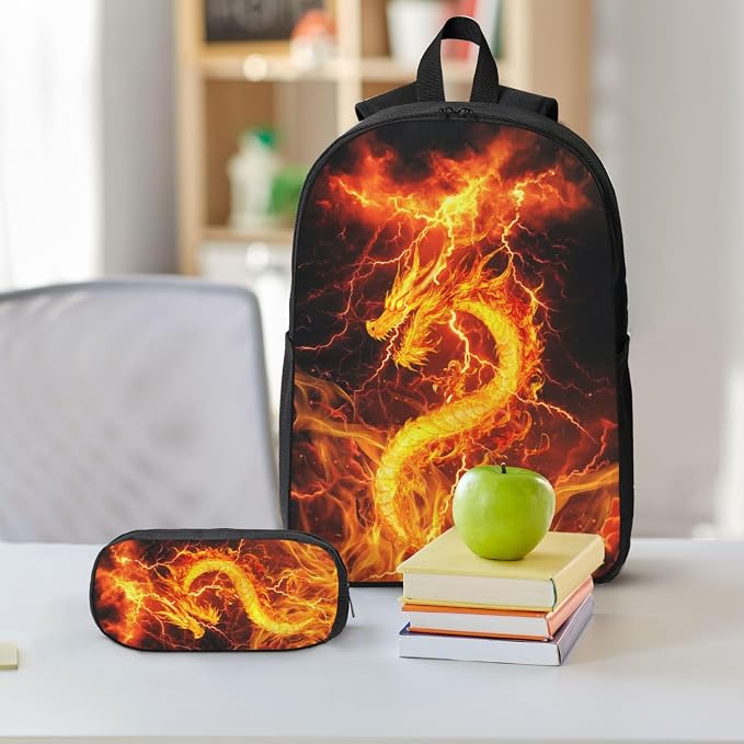 Dragon Kid Backpack Set with Lunch Bag & Pencil Case Large Capacity School Bag 17 Inch Bookbag for Boy Girl - Image 9