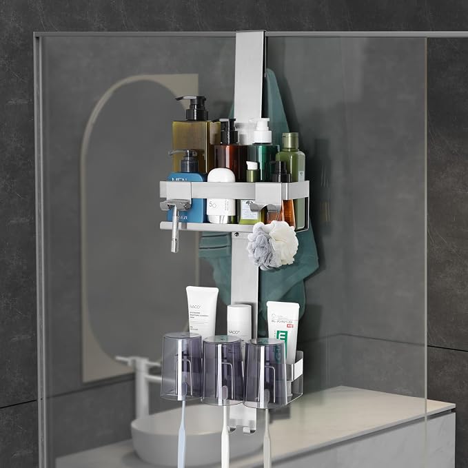 Emibele Over The Door Shower Caddy 2 Tier, 304 Stainless Steel Hanging Shower Caddy Rustproof Shower Shelves, No Drilling Hanging Shower Organizer for Bathroom Glass Door, Silver - Image 9