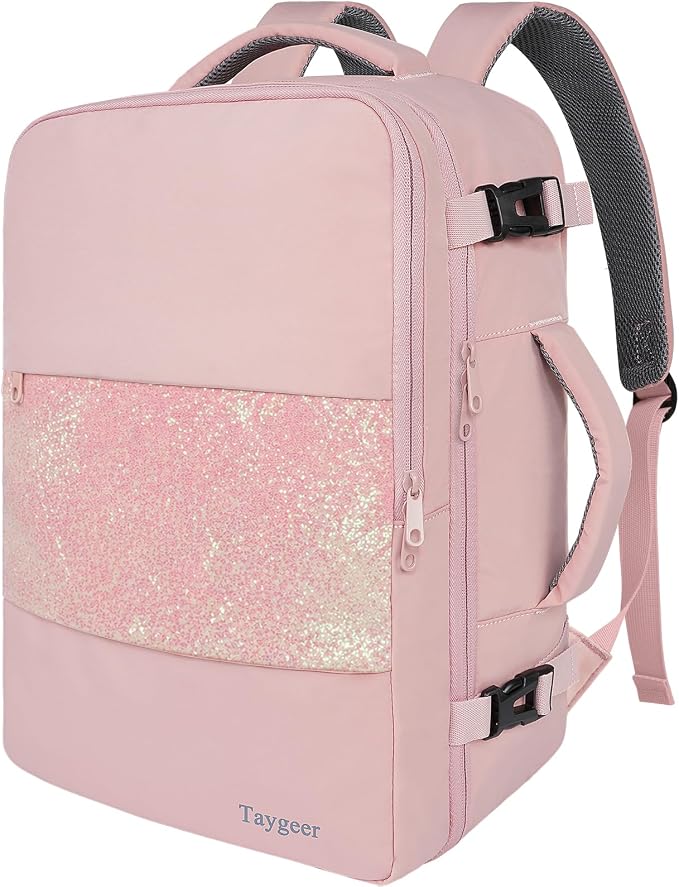 Taygeer 35L Personal Item Travel Backpack for Women, Carry on Backpack | Laptop Backpack with Water Bottle Pocket & Shoe Pouch, Airline Approved Backpack, Nurse Bag for Weekender Hiking,Pink Glitter by Taygeer