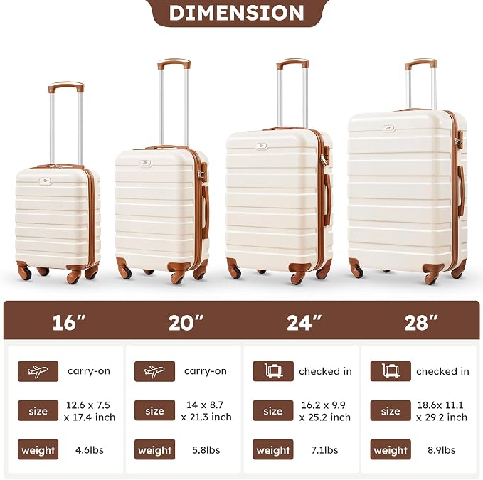 Suitour 4 Piece Luggage Sets, Hard Shell Suitcase Set with Spinner Wheels 16 20 24 28inch Travel Sets(Beige Tan) - Image 9