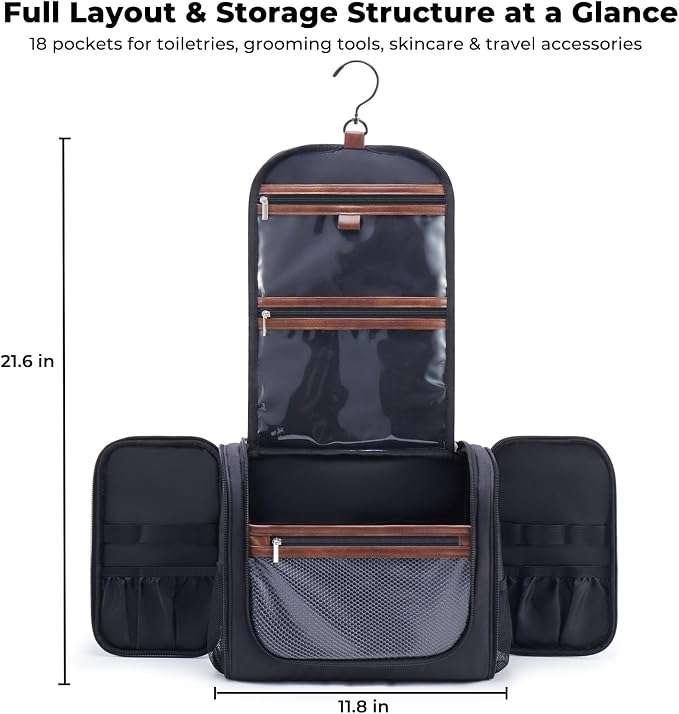 Ralnitote Large Hanging Toiletry Bag for Men, Travel Bathroom Bag with Hook, Hygiene Bag Organizer for Shower, Shaving & Grooming Essentials, Black - Image 7
