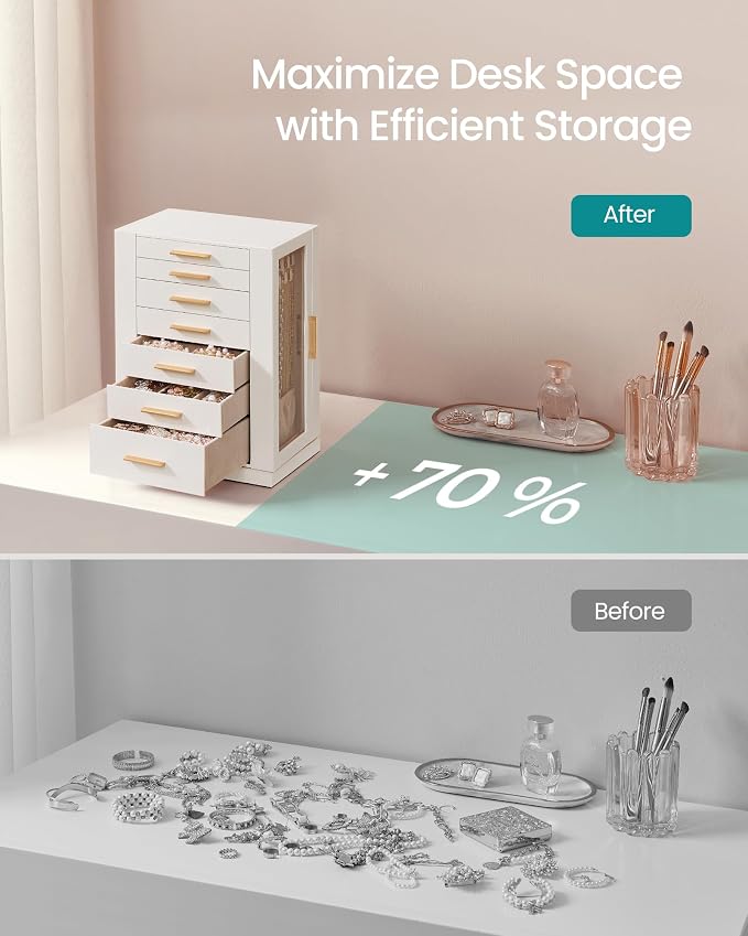 SONGMICS GISELLA Collection - Jewelry Box 360° Rotating, Jewelry Storage Case with 7 Drawers, Jewelry Organizer, Glass Window, Open Design, Great Gift, Light Warm White and Light Camel UJBC201W01 - Image 6