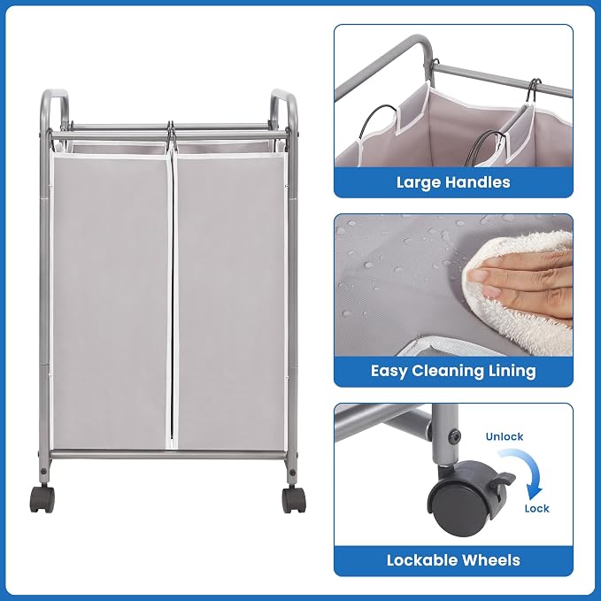 STORAGE MANIAC Laundry Sorter 2 Section, 90 L Gal Laundry Hamper with Wheels, Clothes Basket Separator Sorter, 2 Bag Rolling Cart and Removable Bags for Closet, Dorm, Collage, Grey - Image 6